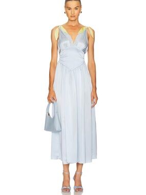 Light Blue Satin Midi Dress with Yellow Tie Straps
